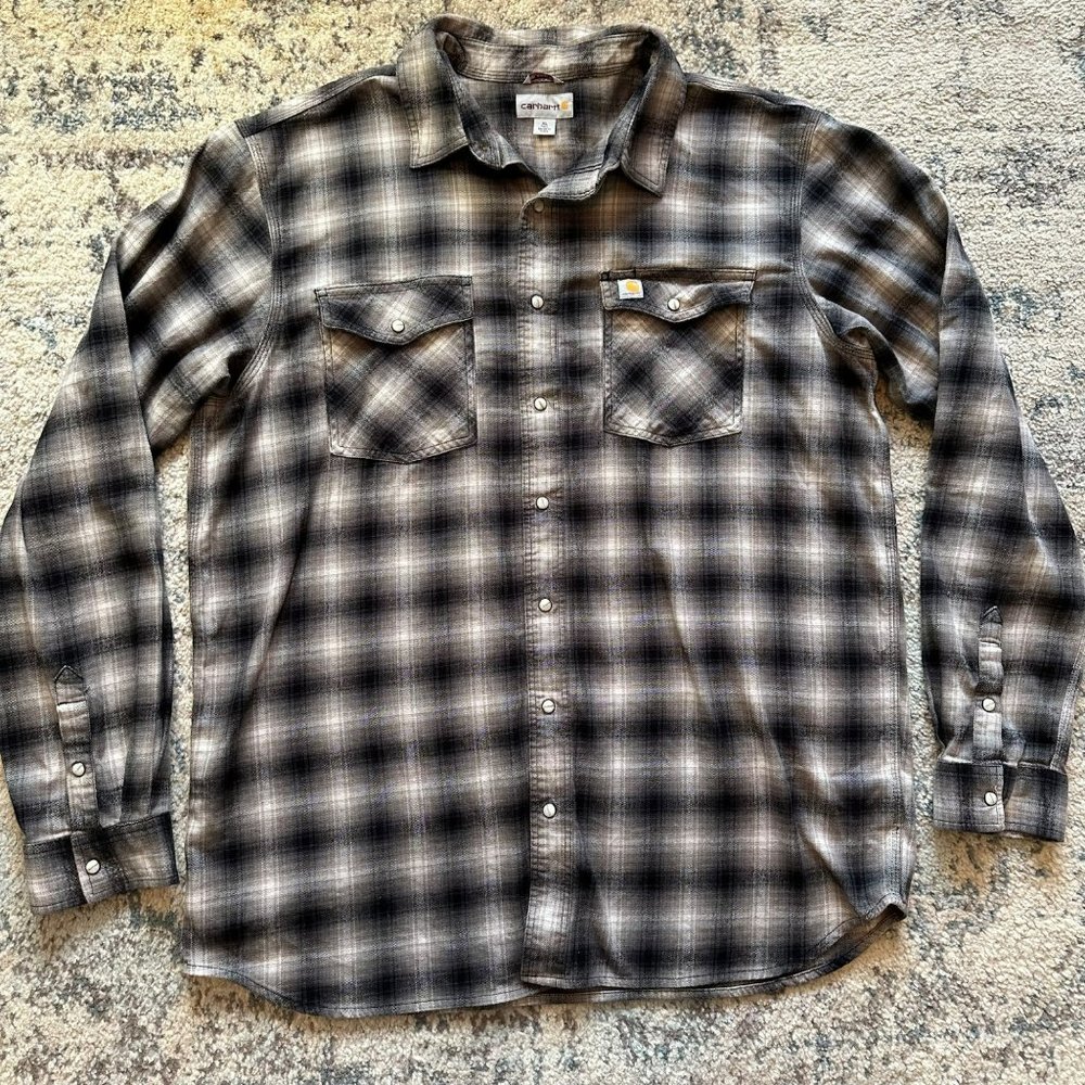 Carhartt Relaxed Fit - Black Plaid Pearl Snap Button Long Sleeve Shirt XL Tall